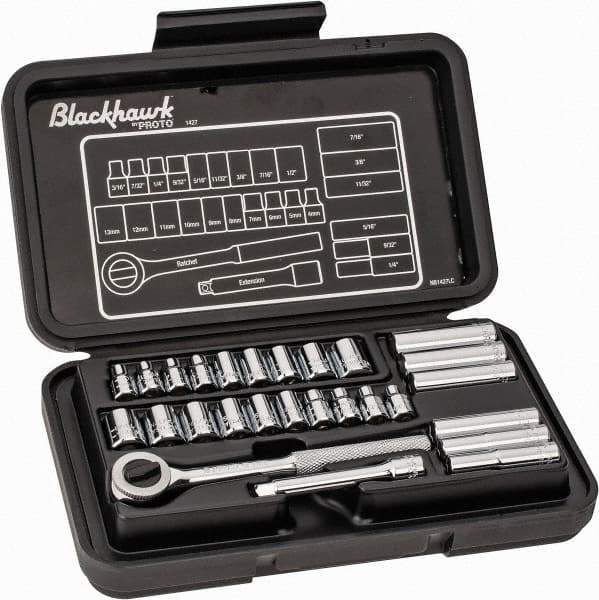 Blackhawk by Proto - 27 Piece 1/4" Drive Deep Well Socket Set - 6, 12 Points, 3/16" to 1/2" (4mm to 13mm) Range, Inch/Metric Measurement Standard - Apex Tool & Supply