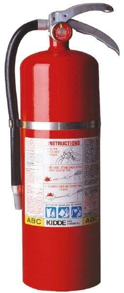 Kidde - 10 Lb, 4-A:80-B:C Rated, Dry Chemical Fire Extinguisher - 5-1/4" Diam x 19.13" High, 195 psi, 20' Discharge in 22 sec, Rechargeable, Steel Cylinder - Apex Tool & Supply