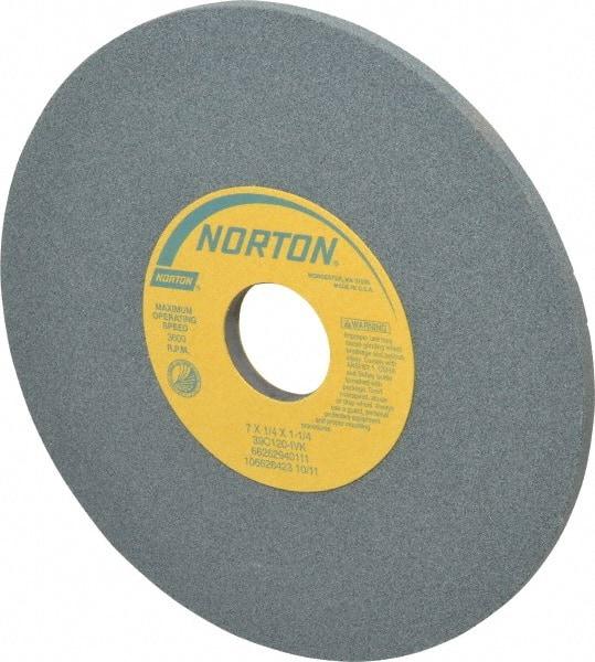 Norton - 7" Diam x 1-1/4" Hole x 1/4" Thick, I Hardness, 120 Grit Surface Grinding Wheel - Silicon Carbide, Type 1, Fine Grade, 3,600 Max RPM, Vitrified Bond, No Recess - Apex Tool & Supply
