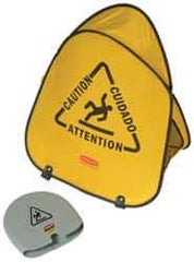 Rubbermaid - Caution, 18-3/8" Wide x 20" High, Spring Steel and Durable Cleanable Fabric Floor Sign - English/French/Spanish, A-Frame, Black on Yellow, For Accident Prevention - Apex Tool & Supply