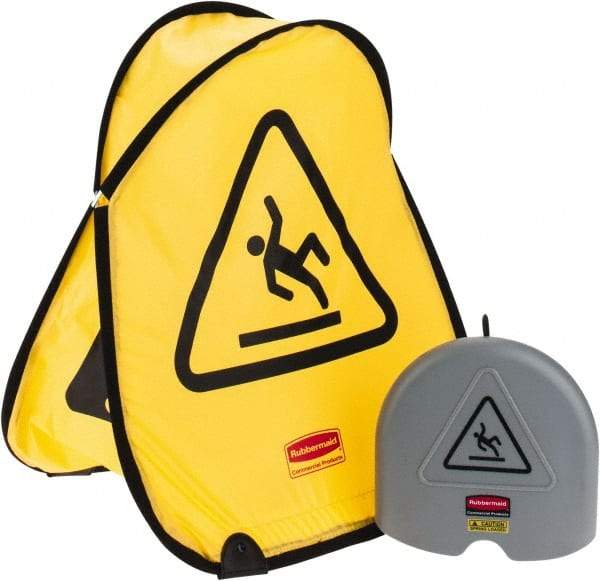 Rubbermaid - 18-3/8" Wide x 20" High, Spring Steel and Durable Cleanable Fabric Floor Sign - A-Frame, Black on Yellow, For Restroom, Janitorial & Housekeeping - Apex Tool & Supply