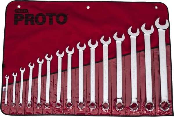 Proto - 15 Piece, 5/16" to 1-1/4", 12 Point Combination Wrench Set - Inch Measurement Standard, Full Polish Finish, Comes in Vinyl Roll - Apex Tool & Supply