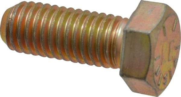 Made in USA - 1/2-13 UNC, 1-1/4" Length Under Head Hex Head Cap Screw - Fully Threaded, Grade 8 Alloy Steel, Zinc Yellow Dichromate Finish, 3/4" Hex - Apex Tool & Supply