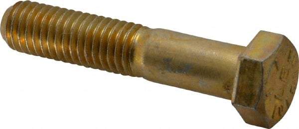Made in USA - 1/2-13 UNC, 2-1/2" Length Under Head Hex Head Cap Screw - Partially Threaded, Grade 8 Alloy Steel, Zinc Yellow Dichromate Finish, 3/4" Hex - Apex Tool & Supply
