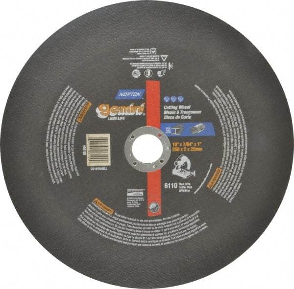 Norton - 10" Aluminum Oxide Cutoff Wheel - 7/64" Thick, 1" Arbor, 6,110 Max RPM, Use with Stationary Tools - Apex Tool & Supply