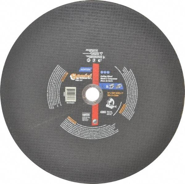 Norton - 14" Aluminum Oxide Cutoff Wheel - 3/32" Thick, 1" Arbor, 4,365 Max RPM, Use with Stationary Tools - Apex Tool & Supply