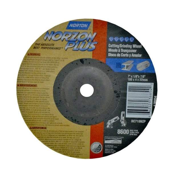 Norton - 7" Wheel Diam, 1/8" Wheel Thickness, 7/8" Arbor Hole, Type 27 Depressed Center Wheel - Ceramic, 8,600 Max RPM, Compatible with Angle Grinder - Apex Tool & Supply