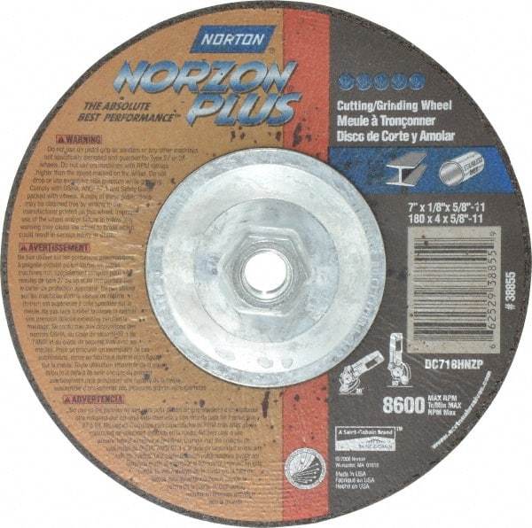 Norton - 7" Wheel Diam, 1/8" Wheel Thickness, Type 27 Depressed Center Wheel - Ceramic, 8,600 Max RPM, Compatible with Angle Grinder - Apex Tool & Supply