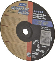 Norton - 9" Wheel Diam, 1/8" Wheel Thickness, 7/8" Arbor Hole, Type 27 Depressed Center Wheel - Ceramic, 6,600 Max RPM, Compatible with Angle Grinder - Apex Tool & Supply