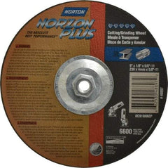 Norton - 9" Wheel Diam, 1/8" Wheel Thickness, Type 27 Depressed Center Wheel - Ceramic, 6,600 Max RPM, Compatible with Angle Grinder - Apex Tool & Supply