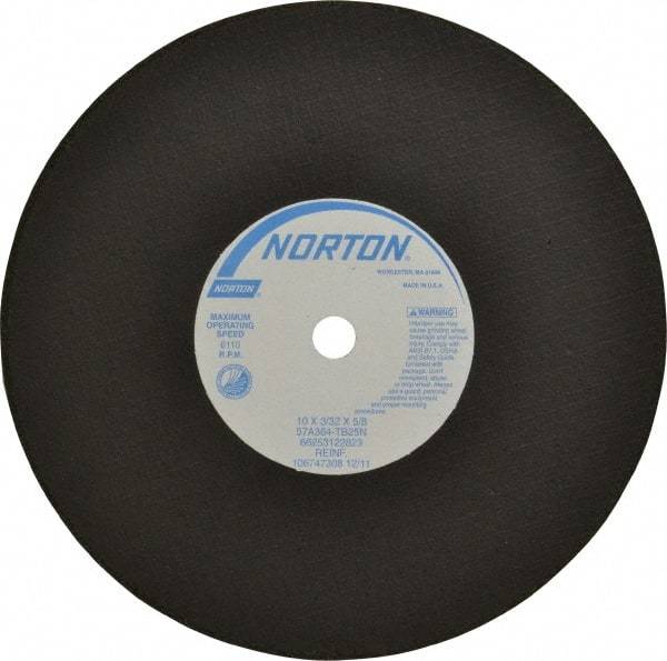 Norton - 10" 36 Grit Aluminum Oxide Cutoff Wheel - 3/32" Thick, 5/8" Arbor, 6,110 Max RPM, Use with Stationary Tools - Apex Tool & Supply