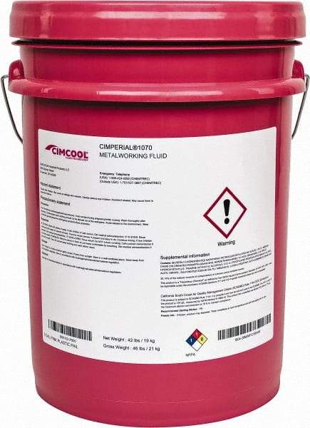 Cimcool - Cimperial 1070, 5 Gal Pail Cutting & Grinding Fluid - Water Soluble, For Boring, Broaching, Drilling, Milling, Reaming, Sawing, Tapping - Apex Tool & Supply