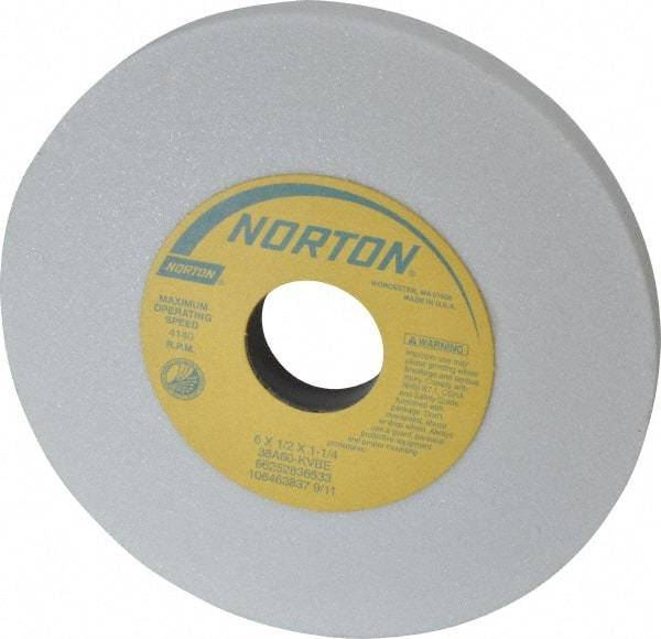 Norton - 6" Diam x 1-1/4" Hole x 1/2" Thick, K Hardness, 60 Grit Surface Grinding Wheel - Aluminum Oxide, Type 1, Medium Grade, 4,140 Max RPM, Vitrified Bond, No Recess - Apex Tool & Supply