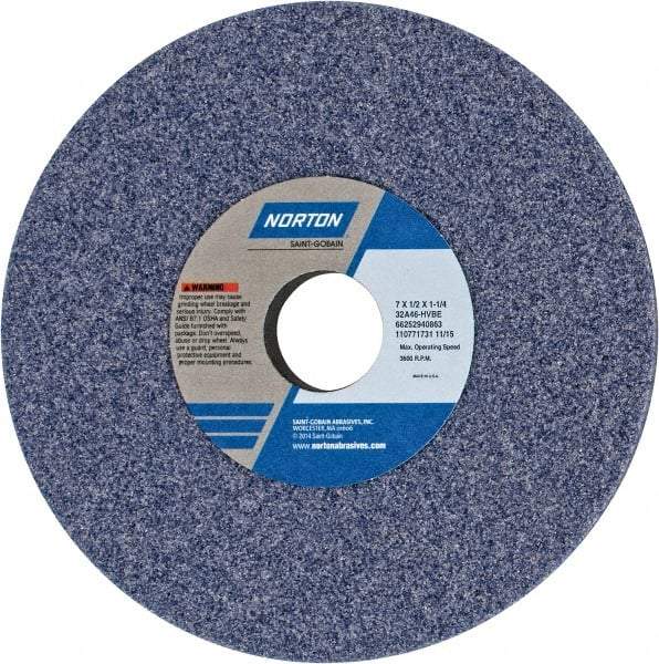 Norton - 7" Diam x 1-1/4" Hole x 1/2" Thick, H Hardness, 46 Grit Surface Grinding Wheel - Aluminum Oxide, Type 1, Coarse Grade, 3,600 Max RPM, Vitrified Bond, No Recess - Apex Tool & Supply
