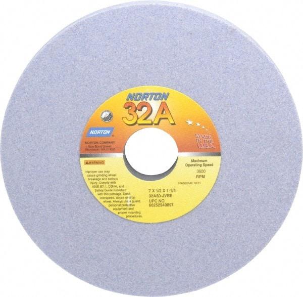 Norton - 7" Diam x 1-1/4" Hole x 1/2" Thick, J Hardness, 80 Grit Surface Grinding Wheel - Aluminum Oxide, Type 1, Medium Grade, 3,600 Max RPM, Vitrified Bond, No Recess - Apex Tool & Supply