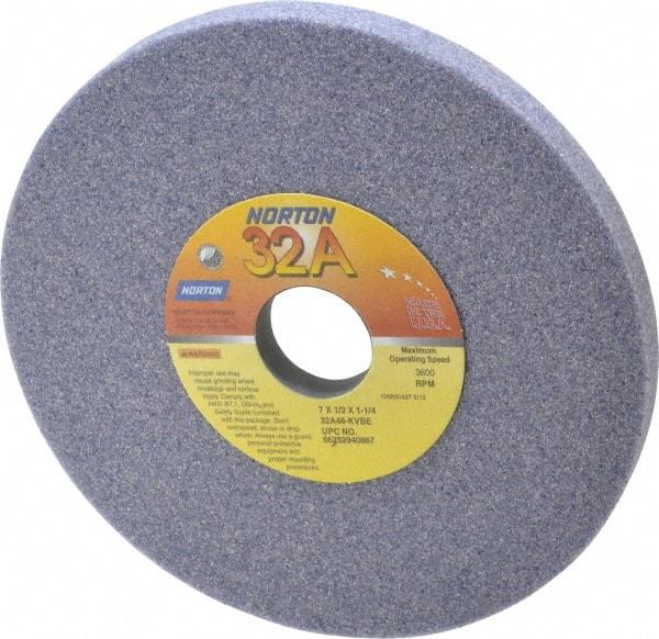 Norton - 7" Diam x 1-1/4" Hole x 1/2" Thick, K Hardness, 46 Grit Surface Grinding Wheel - Aluminum Oxide, Type 1, Coarse Grade, 3,600 Max RPM, Vitrified Bond, No Recess - Apex Tool & Supply