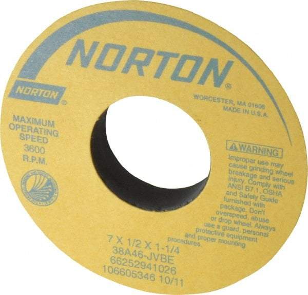 Norton - 7" Diam x 1-1/4" Hole x 1/2" Thick, J Hardness, 46 Grit Surface Grinding Wheel - Aluminum Oxide, Type 1, Coarse Grade, 3,600 Max RPM, Vitrified Bond, No Recess - Apex Tool & Supply