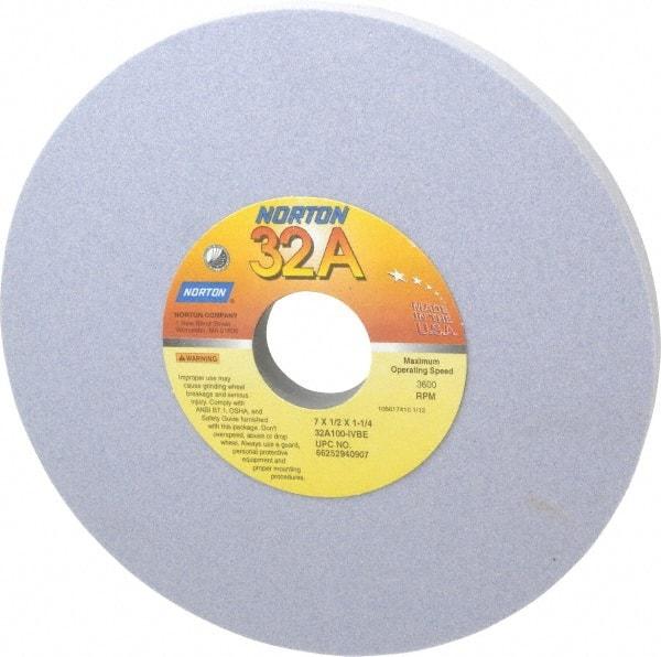 Norton - 7" Diam x 1-1/4" Hole x 1/2" Thick, I Hardness, 100 Grit Surface Grinding Wheel - Aluminum Oxide, Type 1, Fine Grade, 3,600 Max RPM, Vitrified Bond, No Recess - Apex Tool & Supply