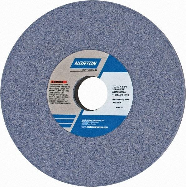 Norton - 7" Diam x 1-1/4" Hole x 1/2" Thick, I Hardness, 60 Grit Surface Grinding Wheel - Aluminum Oxide, Type 1, Medium Grade, 3,600 Max RPM, Vitrified Bond, No Recess - Apex Tool & Supply
