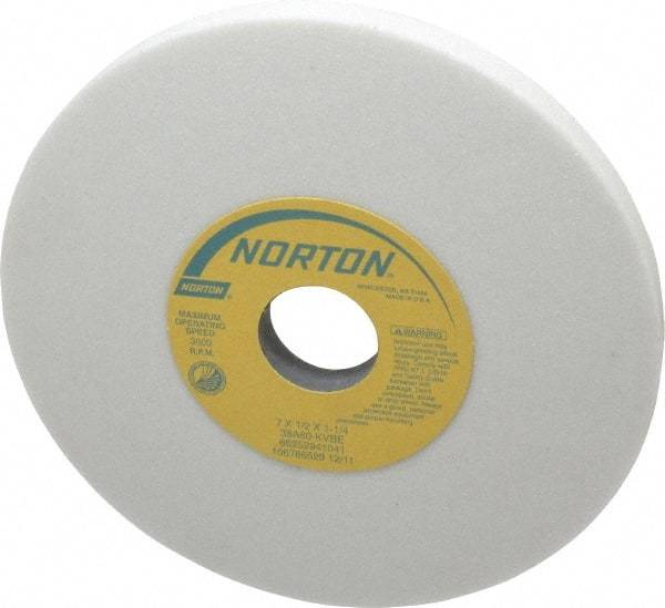 Norton - 7" Diam x 1-1/4" Hole x 1/2" Thick, K Hardness, 60 Grit Surface Grinding Wheel - Aluminum Oxide, Type 1, Medium Grade, 3,600 Max RPM, Vitrified Bond, No Recess - Apex Tool & Supply