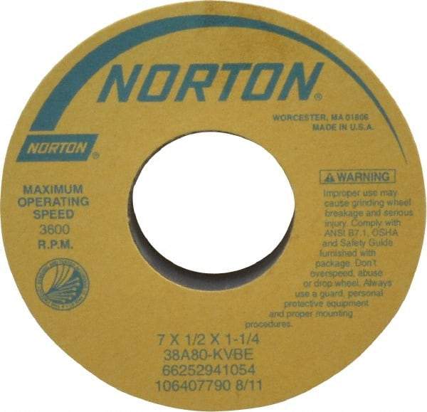 Norton - 7" Diam x 1-1/4" Hole x 1/2" Thick, K Hardness, 80 Grit Surface Grinding Wheel - Aluminum Oxide, Type 1, Medium Grade, 3,600 Max RPM, Vitrified Bond, No Recess - Apex Tool & Supply