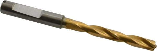Guhring - Letter E (1/4) 140° Solid Carbide Jobber Drill - TiN Finish, Right Hand Cut, Spiral Flute, Whistle Notch Shank, 91mm OAL, SU Point - Apex Tool & Supply