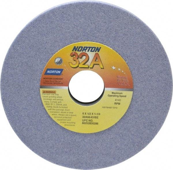 Norton - 6" Diam x 1-1/4" Hole x 1/2" Thick, K Hardness, 60 Grit Surface Grinding Wheel - Aluminum Oxide, Type 1, Medium Grade, 4,140 Max RPM, Vitrified Bond, No Recess - Apex Tool & Supply
