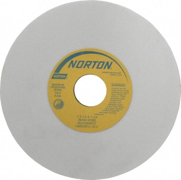 Norton - 7" Diam x 1-1/4" Hole x 1/4" Thick, H Hardness, 80 Grit Surface Grinding Wheel - Aluminum Oxide, Type 1, Medium Grade, 3,600 Max RPM, Vitrified Bond, No Recess - Apex Tool & Supply