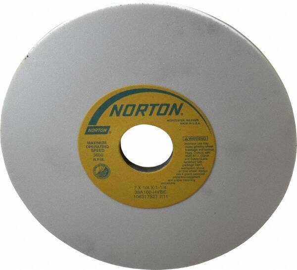 Norton - 7" Diam x 1-1/4" Hole x 1/4" Thick, H Hardness, 100 Grit Surface Grinding Wheel - Aluminum Oxide, Type 1, Fine Grade, 3,600 Max RPM, Vitrified Bond, No Recess - Apex Tool & Supply
