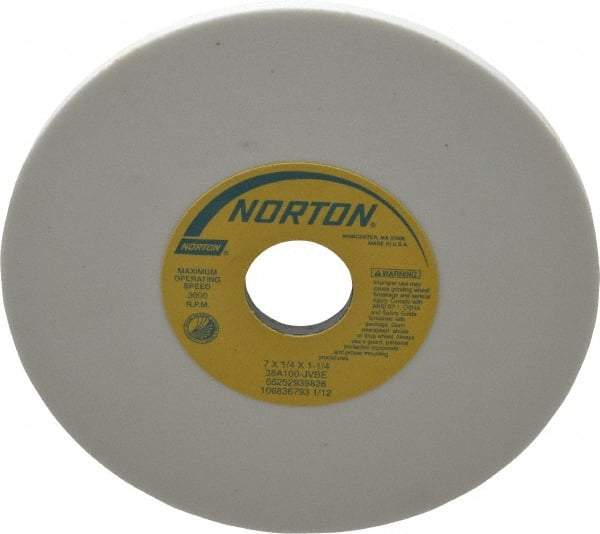Norton - 7" Diam x 1-1/4" Hole x 1/4" Thick, J Hardness, 100 Grit Surface Grinding Wheel - Aluminum Oxide, Type 1, Fine Grade, 3,600 Max RPM, Vitrified Bond, No Recess - Apex Tool & Supply
