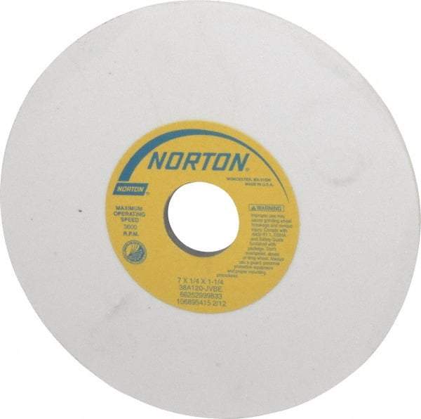 Norton - 7" Diam x 1-1/4" Hole x 1/4" Thick, J Hardness, 120 Grit Surface Grinding Wheel - Aluminum Oxide, Type 1, Fine Grade, 3,600 Max RPM, Vitrified Bond, No Recess - Apex Tool & Supply