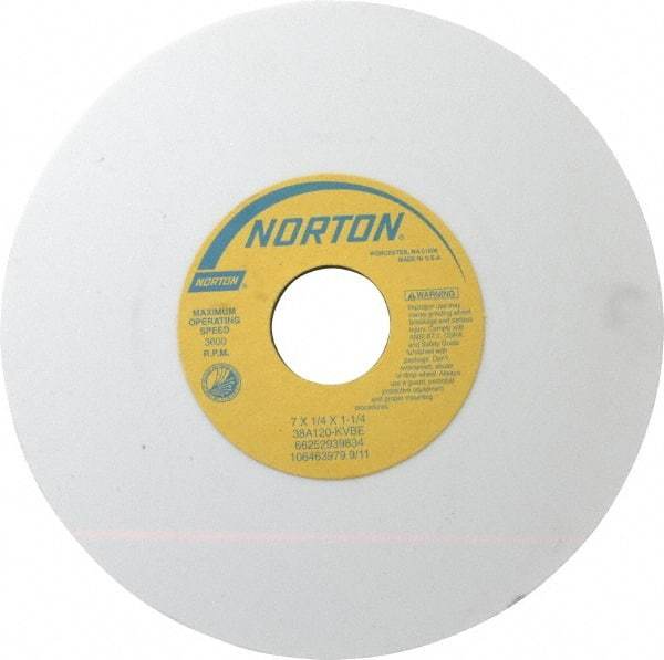 Norton - 7" Diam x 1-1/4" Hole x 1/4" Thick, K Hardness, 120 Grit Surface Grinding Wheel - Aluminum Oxide, Type 1, Fine Grade, 3,600 Max RPM, Vitrified Bond, No Recess - Apex Tool & Supply