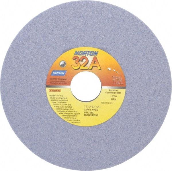 Norton - 7" Diam x 1-1/4" Hole x 1/4" Thick, K Hardness, 60 Grit Surface Grinding Wheel - Aluminum Oxide, Type 1, Medium Grade, 3,600 Max RPM, Vitrified Bond, No Recess - Apex Tool & Supply