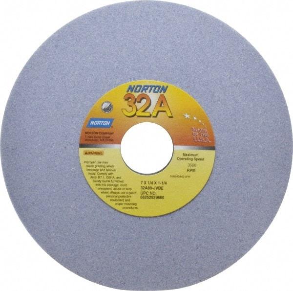 Norton - 7" Diam x 1-1/4" Hole x 1/4" Thick, J Hardness, 80 Grit Surface Grinding Wheel - Aluminum Oxide, Type 1, Medium Grade, 3,600 Max RPM, Vitrified Bond, No Recess - Apex Tool & Supply