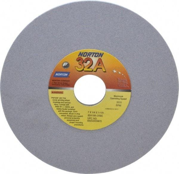Norton - 7" Diam x 1-1/4" Hole x 1/4" Thick, J Hardness, 100 Grit Surface Grinding Wheel - Aluminum Oxide, Type 1, Fine Grade, 3,600 Max RPM, Vitrified Bond, No Recess - Apex Tool & Supply