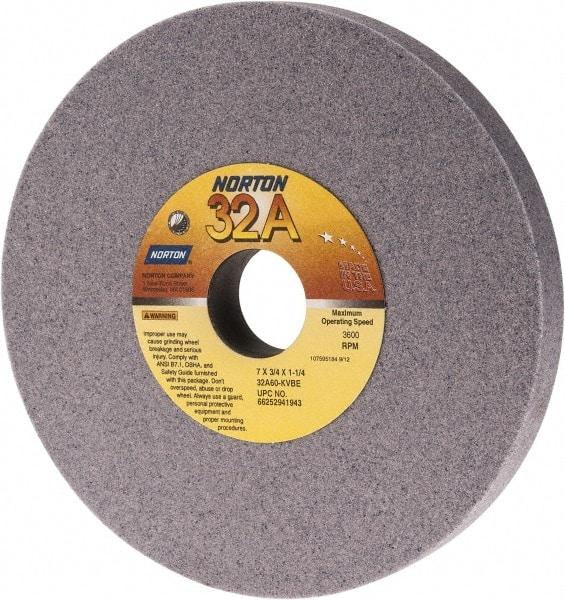 Norton - 7" Diam x 1-1/4" Hole x 3/4" Thick, K Hardness, 60 Grit Surface Grinding Wheel - Aluminum Oxide, Type 1, Medium Grade, 3,600 Max RPM, Vitrified Bond, No Recess - Apex Tool & Supply