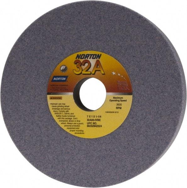 Norton - 7" Diam x 1-1/4" Hole x 1" Thick, I Hardness, 60 Grit Surface Grinding Wheel - Aluminum Oxide, Type 1, Medium Grade, 3,600 Max RPM, Vitrified Bond, No Recess - Apex Tool & Supply