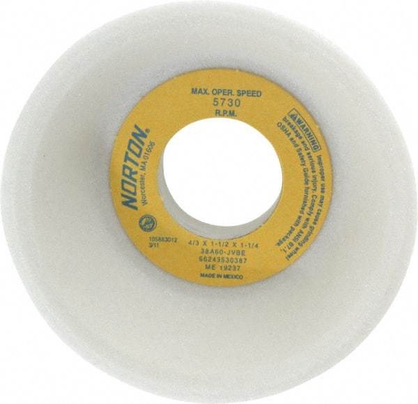 Norton - 4" Diam, 1-1/4" Hole Size, 1-1/2" Overall Thickness, 60 Grit, Type 11 Tool & Cutter Grinding Wheel - Medium Grade, Aluminum Oxide, J Hardness, Vitrified Bond, 5,730 RPM - Apex Tool & Supply
