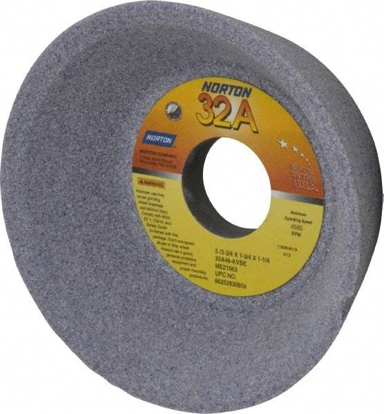 Norton - 5" Diam, 1-1/4" Hole Size, 1-3/4" Overall Thickness, 46 Grit, Type 11 Tool & Cutter Grinding Wheel - Coarse Grade, Aluminum Oxide, K Hardness, Vitrified Bond, 4,585 RPM - Apex Tool & Supply