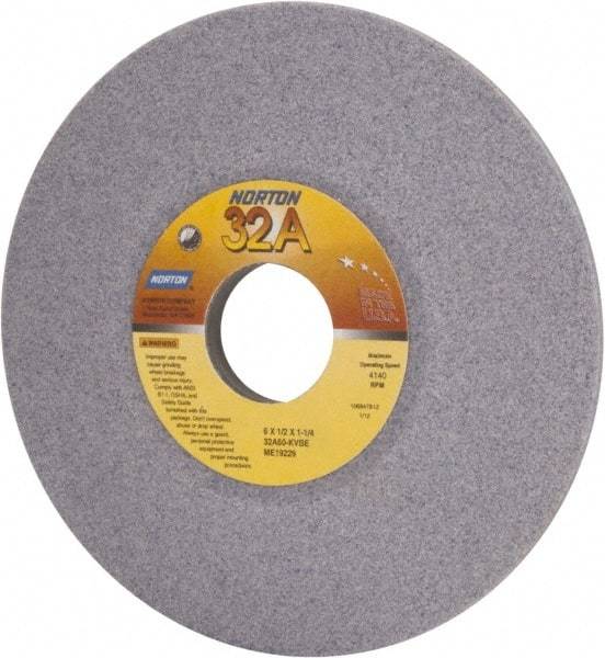 Norton - 6" Diam, 1-1/4" Hole Size, 1/2" Overall Thickness, 60 Grit, Type 12 Tool & Cutter Grinding Wheel - Medium Grade, Aluminum Oxide, K Hardness, Vitrified Bond, 4,140 RPM - Apex Tool & Supply