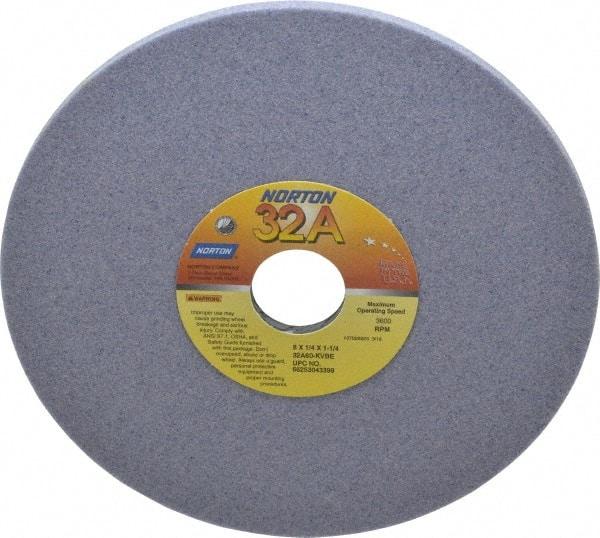 Norton - 8" Diam x 1-1/4" Hole x 1/4" Thick, K Hardness, 60 Grit Surface Grinding Wheel - Aluminum Oxide, Type 1, Medium Grade, 3,600 Max RPM, Vitrified Bond, No Recess - Apex Tool & Supply