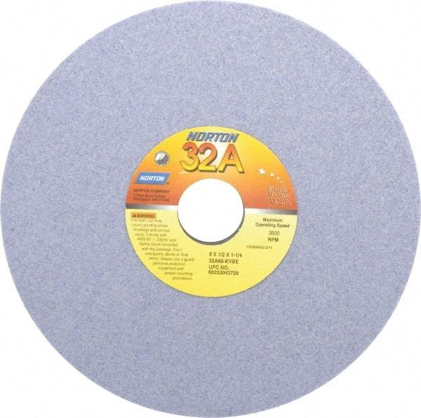 Norton - 8" Diam x 1-1/4" Hole x 1/2" Thick, K Hardness, 60 Grit Surface Grinding Wheel - Aluminum Oxide, Type 1, Medium Grade, 3,600 Max RPM, Vitrified Bond, No Recess - Apex Tool & Supply