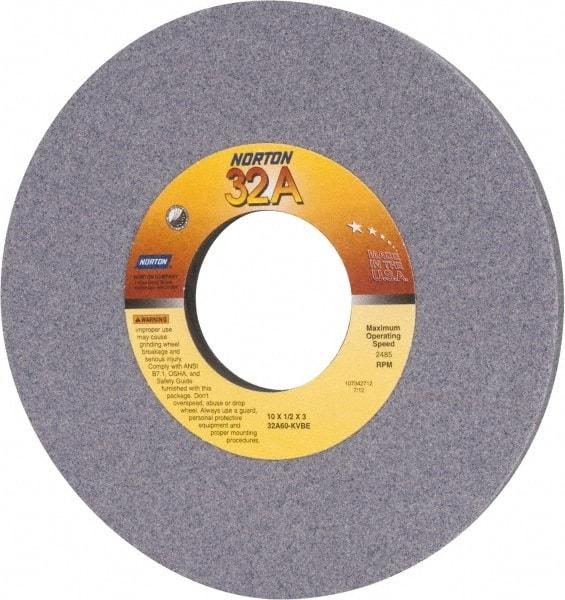 Norton - 10" Diam x 3" Hole x 1/2" Thick, K Hardness, 60 Grit Surface Grinding Wheel - Aluminum Oxide, Type 1, Medium Grade, 2,485 Max RPM, Vitrified Bond, No Recess - Apex Tool & Supply