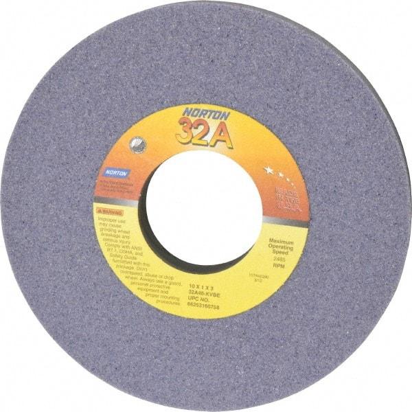 Norton - 10" Diam x 3" Hole x 1" Thick, K Hardness, 46 Grit Surface Grinding Wheel - Aluminum Oxide, Type 1, Coarse Grade, 2,485 Max RPM, Vitrified Bond, No Recess - Apex Tool & Supply