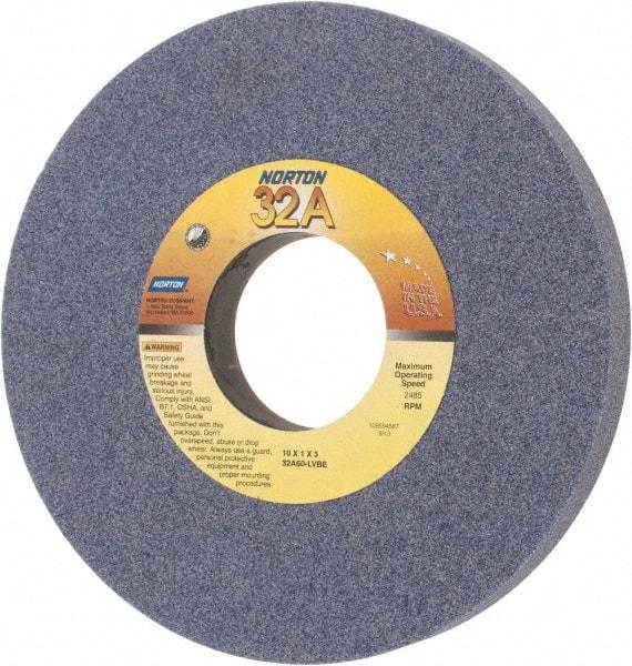 Norton - 10" Diam x 3" Hole x 1" Thick, L Hardness, 60 Grit Surface Grinding Wheel - Aluminum Oxide, Type 1, Medium Grade, 2,485 Max RPM, Vitrified Bond, No Recess - Apex Tool & Supply