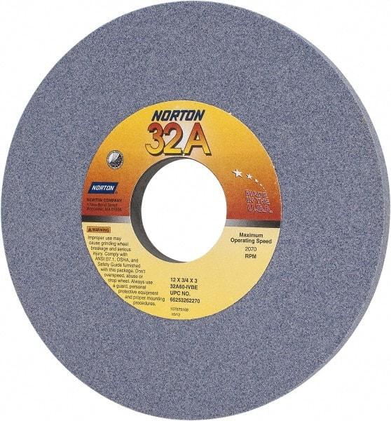 Norton - 12" Diam x 3" Hole x 3/4" Thick, I Hardness, 60 Grit Surface Grinding Wheel - Aluminum Oxide, Type 1, Medium Grade, 2,070 Max RPM, Vitrified Bond, No Recess - Apex Tool & Supply