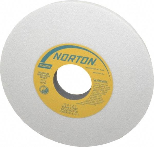 Norton - 12" Diam x 3" Hole x 1" Thick, H Hardness, 46 Grit Surface Grinding Wheel - Aluminum Oxide, Type 1, Coarse Grade, 2,070 Max RPM, Vitrified Bond, No Recess - Apex Tool & Supply