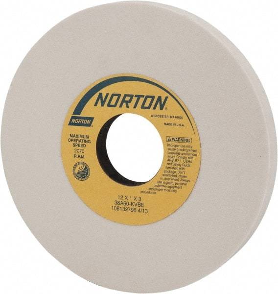 Norton - 12" Diam x 3" Hole x 1" Thick, K Hardness, 60 Grit Surface Grinding Wheel - Aluminum Oxide, Type 1, Medium Grade, 2,070 Max RPM, Vitrified Bond, No Recess - Apex Tool & Supply