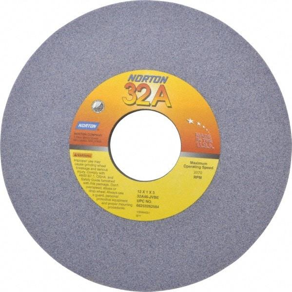 Norton - 12" Diam x 3" Hole x 1" Thick, I Hardness, 46 Grit Surface Grinding Wheel - Aluminum Oxide, Type 1, Coarse Grade, 2,070 Max RPM, Vitrified Bond, No Recess - Apex Tool & Supply