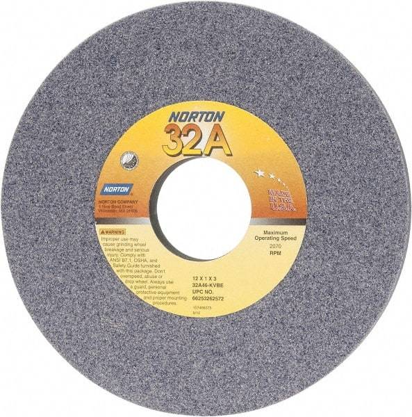 Norton - 12" Diam x 3" Hole x 1" Thick, K Hardness, 46 Grit Surface Grinding Wheel - Aluminum Oxide, Type 1, Coarse Grade, 2,070 Max RPM, Vitrified Bond, No Recess - Apex Tool & Supply